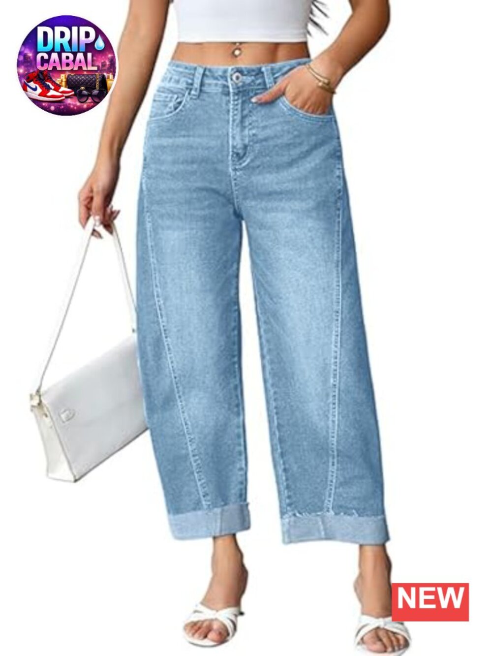 Women Barrel Wide Leg Baggy Jeans High Waisted Boyfriend Roll Cropped Denim